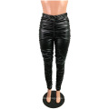 Wholesale High Quality Ladies Clothing PU Leather Stacked Pants